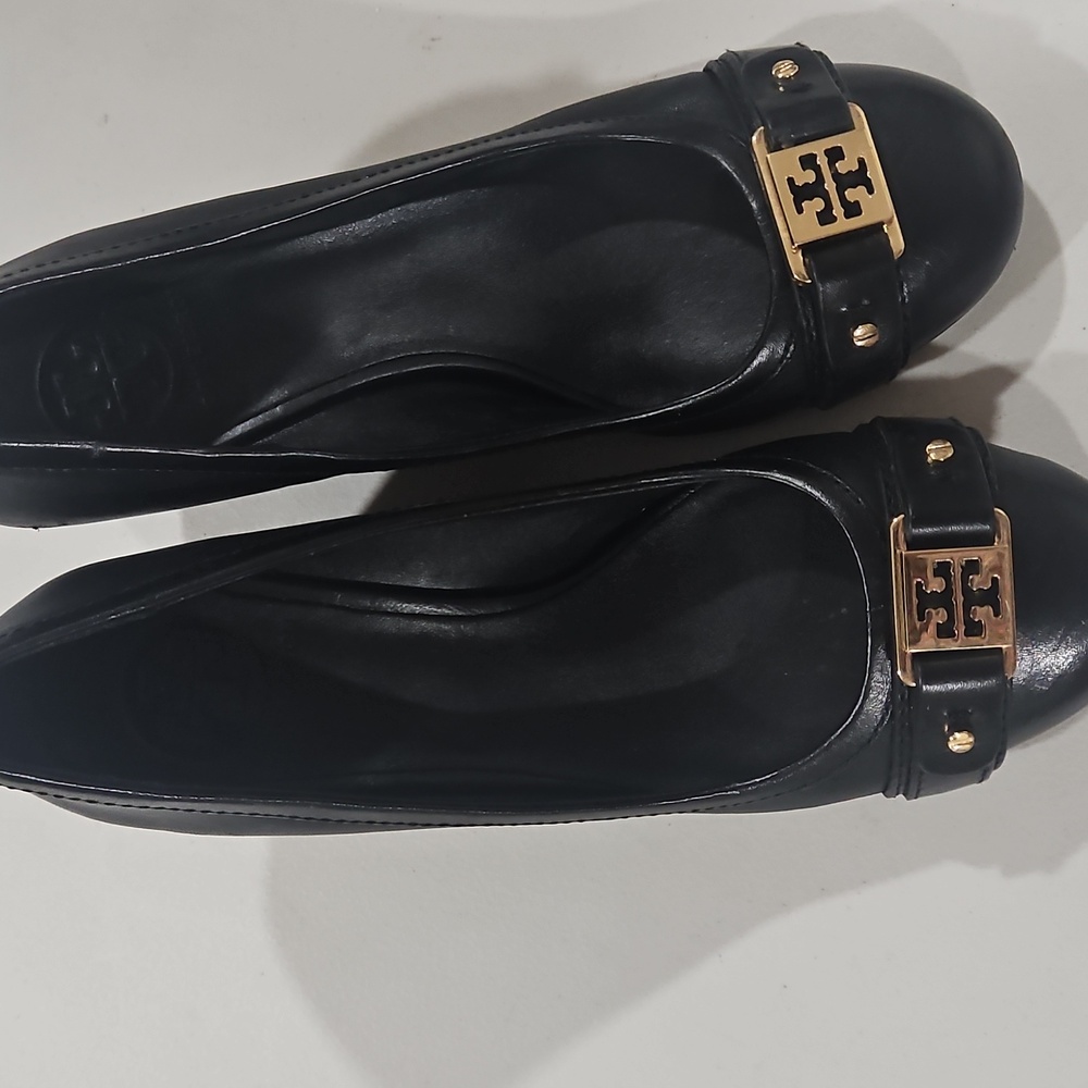 Tory Burch Black Leather Heels with Gold Accents - Picture 6 of 12
